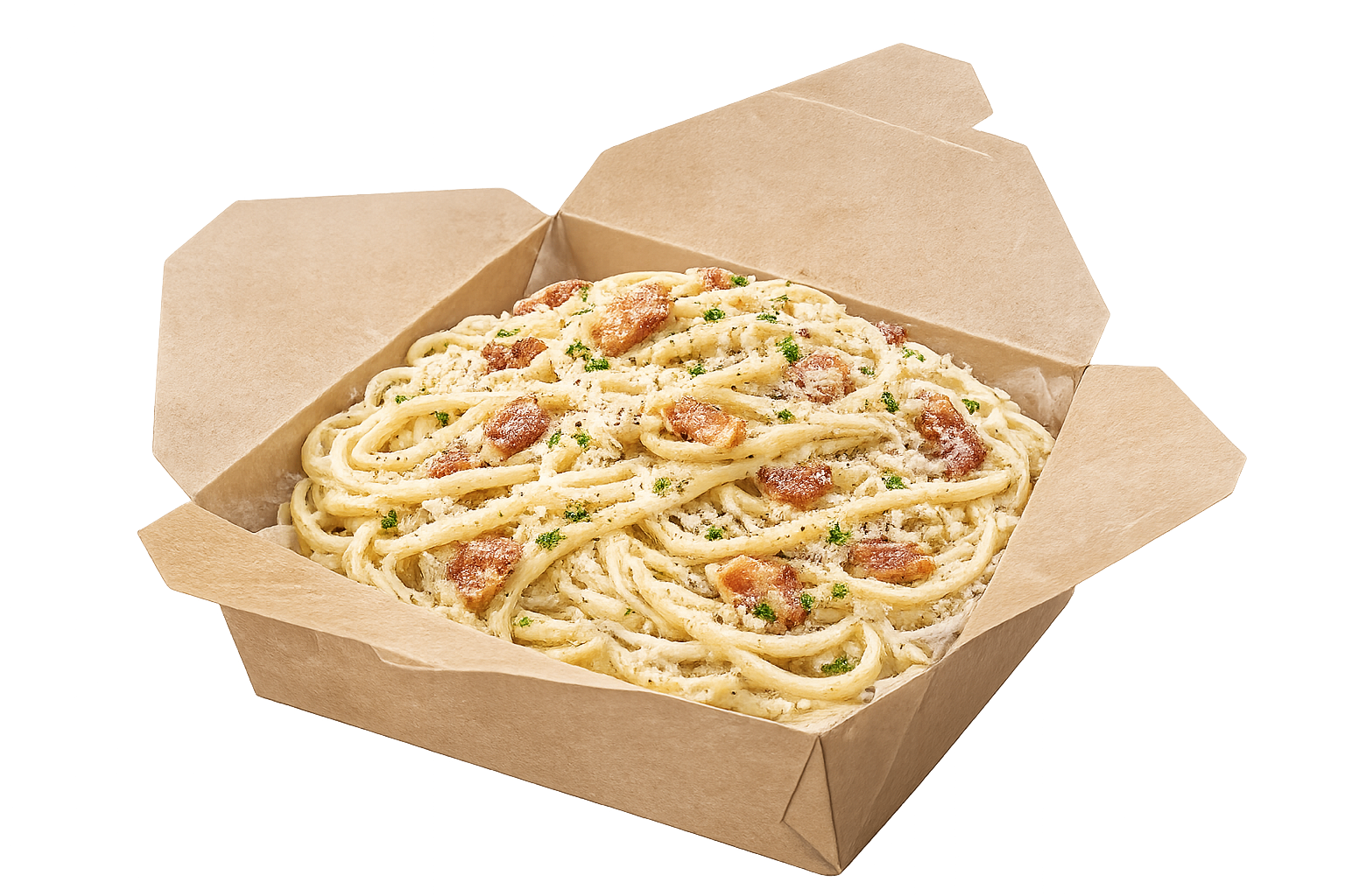 Creamy pasta in takeout box