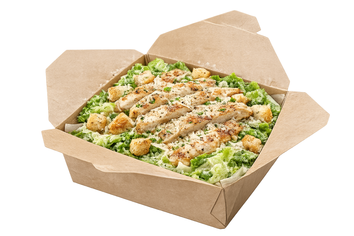 Chicken Caesar salad in takeout box